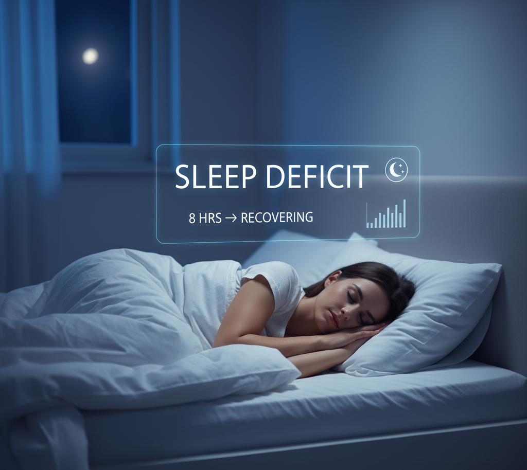 A woman sleeping peacefully at night with a digital overlay reading ‘Sleep Deficit: 8 hrs → Recovering,’ symbolizing the Sleep Debt Calculator to track and recover rest